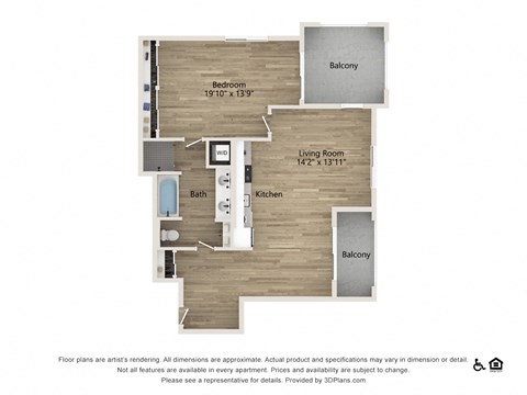 Floor plan for 1 bed, 1 bath, 1073 sqft